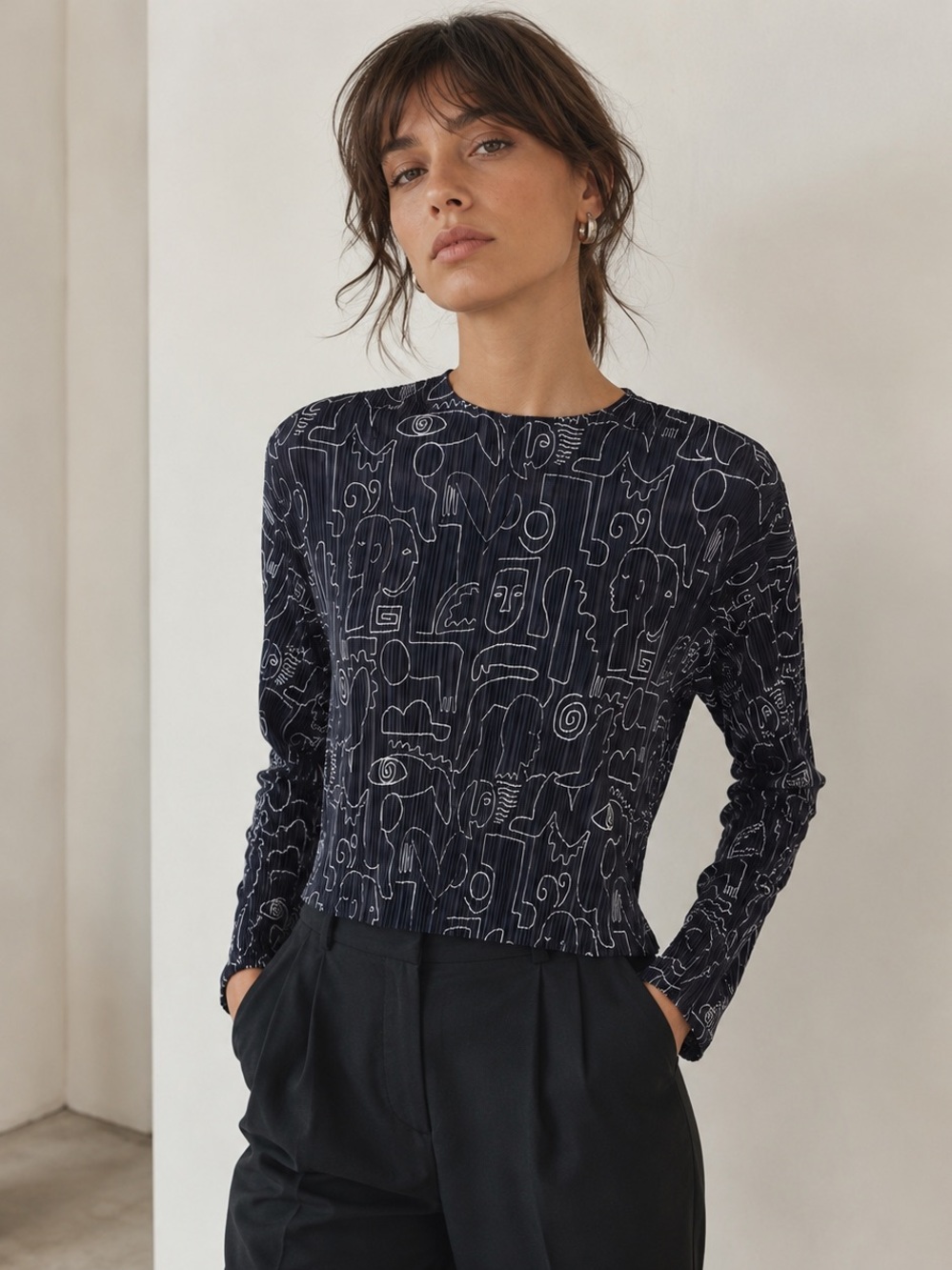 MONKL Abstract Face Print Crinkle Pleated Stretch Long Sleeve Top